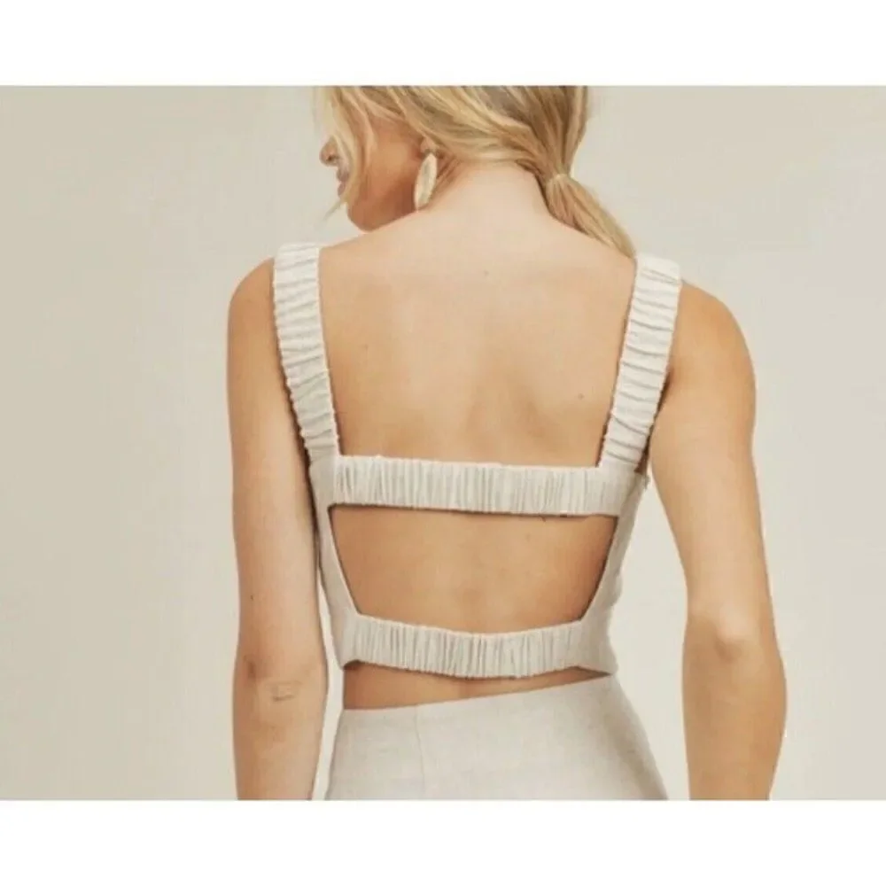 Lush Womens Open Back Linen Beige Cropped Tank Top Blouse NWT Size Large